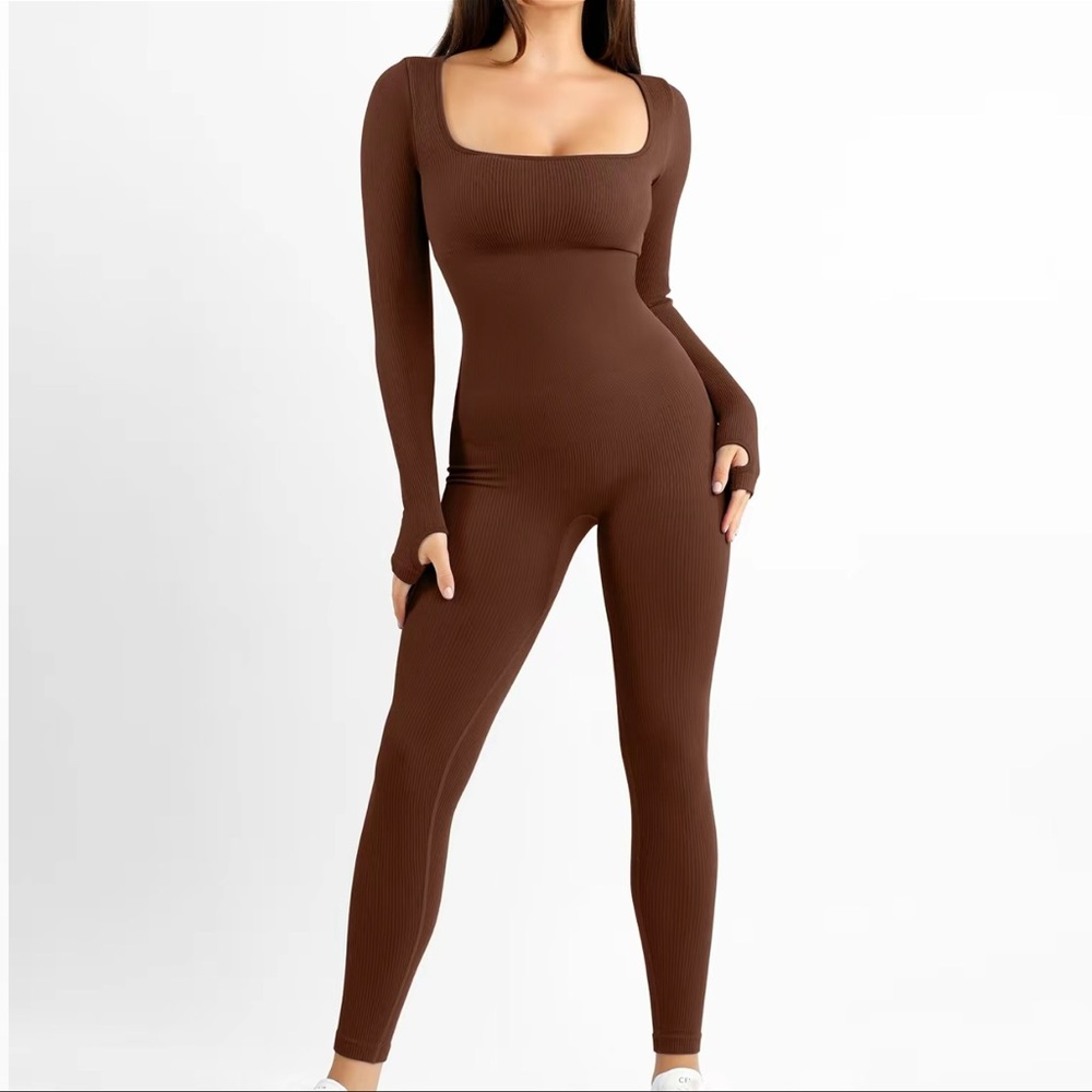 Popilush | Long Sleeve Ribbed Tummy Control Jumpsuit